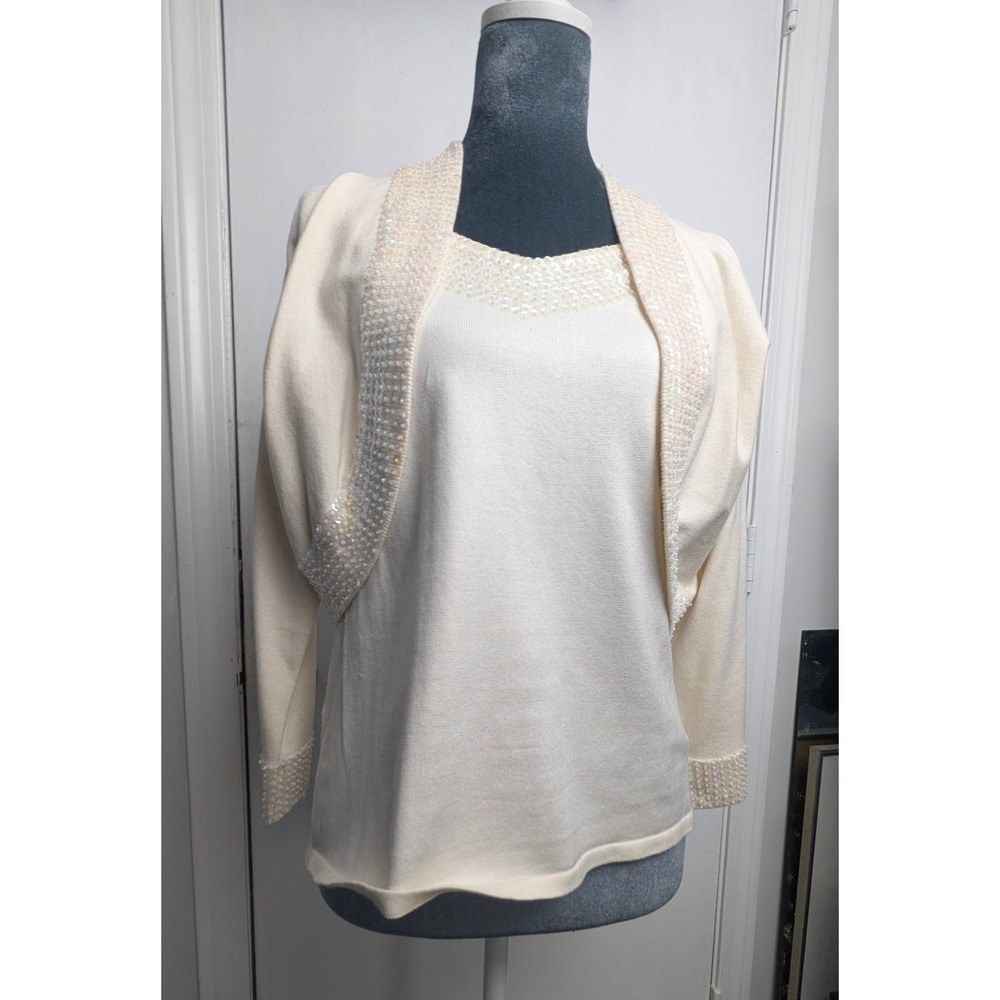 Cable & Gauge Ivory Silk Blend Sequin Trim Two Piece Set Shrug/Bolero Shell XL - Picture 2 of 16